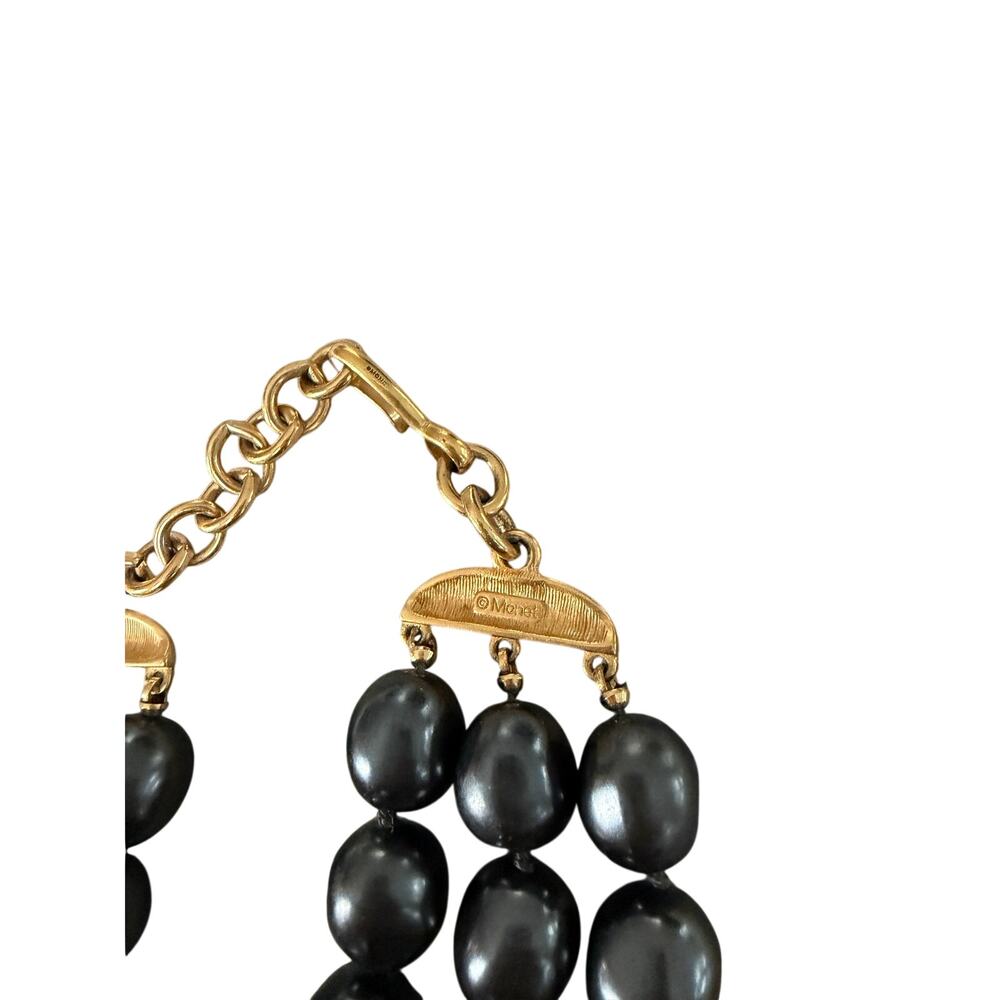 Vintage Monet 3 Strand Gunmetal Faux Pearl Choker Necklace Gold Tone Hook - Picture 3 of 8